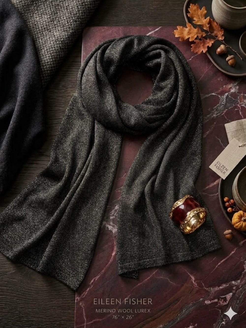 EILEEN FISHER Black Metallic Merino Wool Lurex Simmer Scarf Wrap Size OS